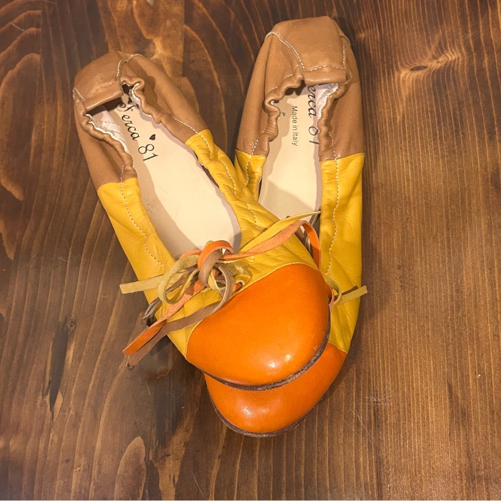 Ferca 81 Tri Tone Made in Italy Leather Ballet Flats Orange Yellow & Tan Size 39